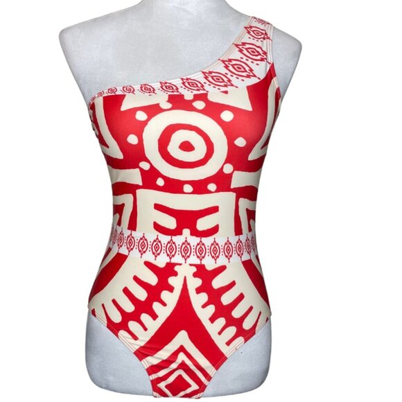 Commsense Orange Cream One Shoulder Abstract Print One Piece Swimsuit XS Beach - Picture 2 of 7